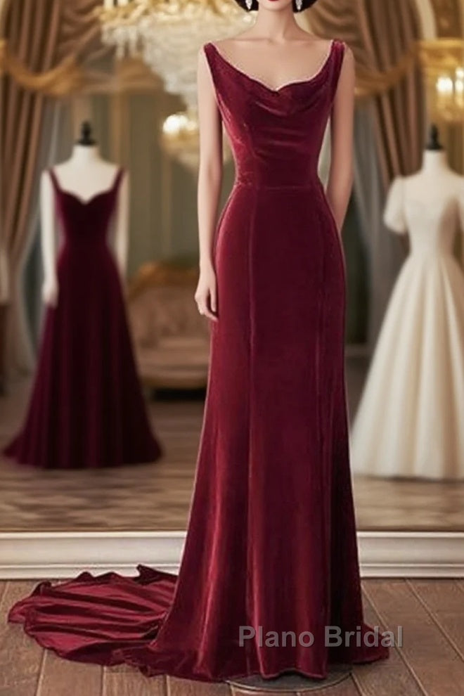 Wine Red Velvet Backless Straps Formal Prom Dresses, Wine Red Velvet Party Dresses Main image