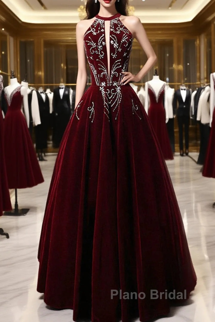 Wine Red Velvet Beaded Halter Long Formal Dresses, A-Line Velvet Formal Prom Dresses Main image