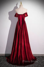Wine Red Velvet Floor Length Long Formal Dresses, A-Line Velvet Bridesmaid Dresses