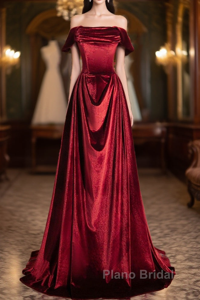 Wine Red Velvet Floor Length Long Formal Dresses, A-Line Velvet Bridesmaid Dresses Main image