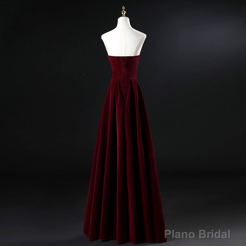 Wine Red Velvet Floor Length Long Prom Dress, Dark Red Party Dress