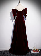Wine Red Velvet Floor Length Short Sleeves Party Dress, A-line Wine Red Bridesmaid Dress