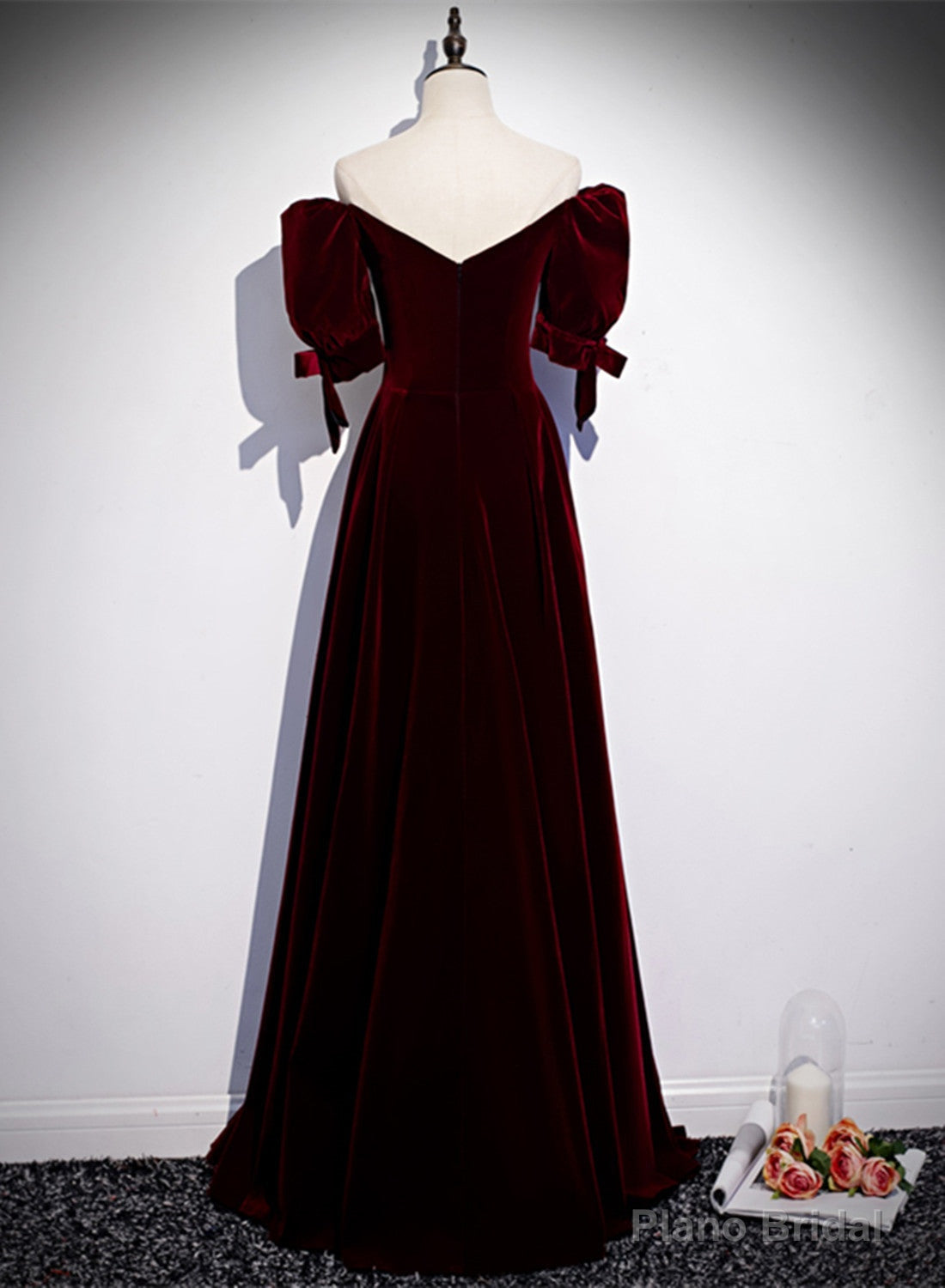 Wine Red Velvet Floor Length Short Sleeves Party Dress, A-line Wine Red Bridesmaid Dress