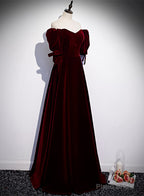 Wine Red Velvet Floor Length Short Sleeves Party Dress, A-line Wine Red Bridesmaid Dress