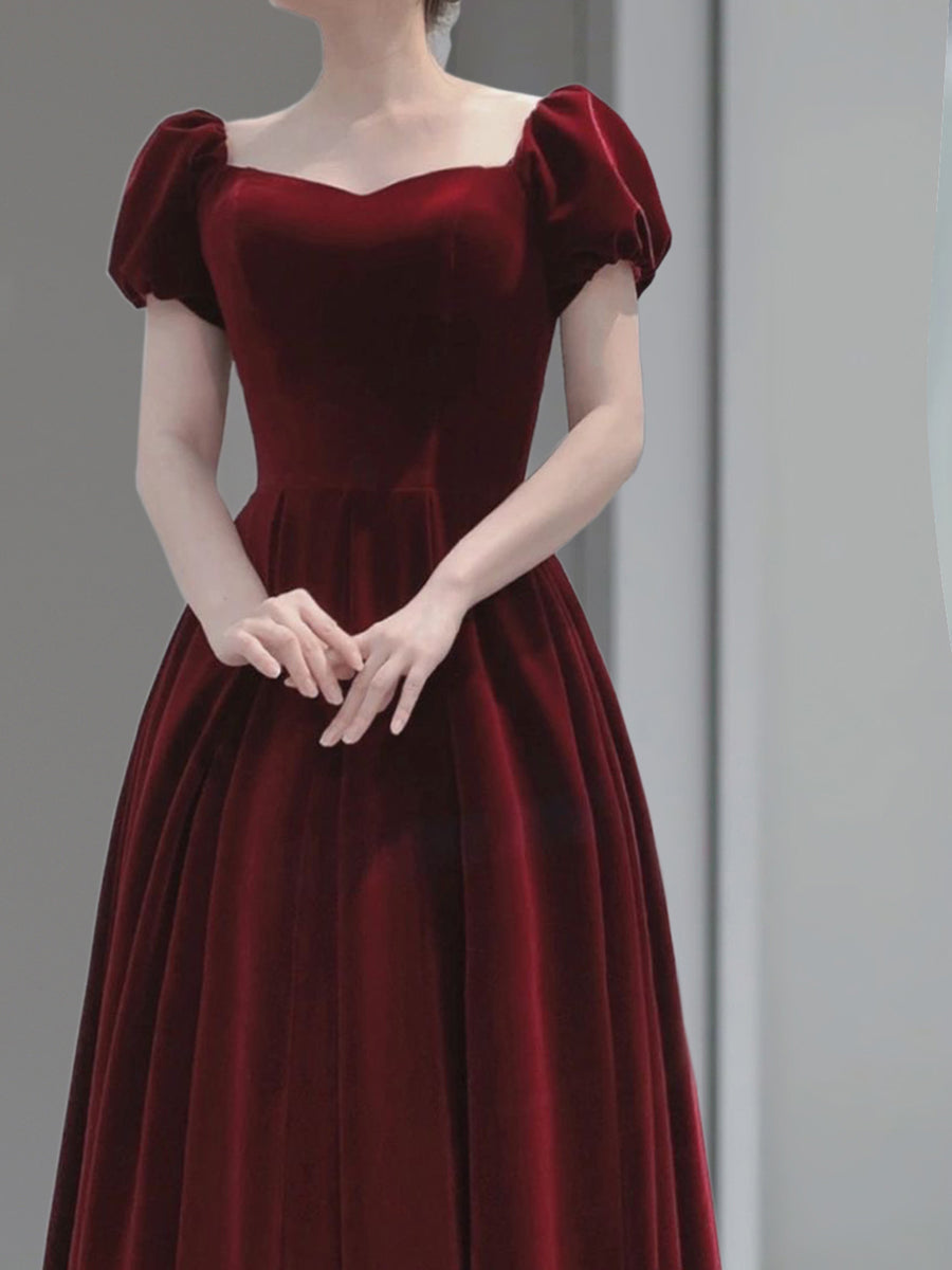 Wine Red Velvet Floor Length Wedding Party Dresses, Short Sleeves Formal Prom Dresses