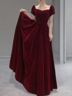 Wine Red Velvet Floor Length Wedding Party Dresses, Short Sleeves Formal Prom Dresses