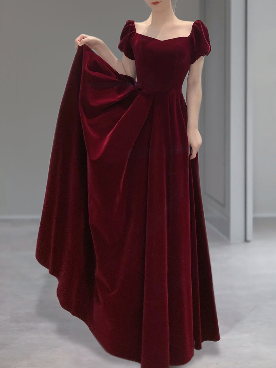 Wine Red Velvet Floor Length Wedding Party Dresses, Short Sleeves Formal Prom Dresses