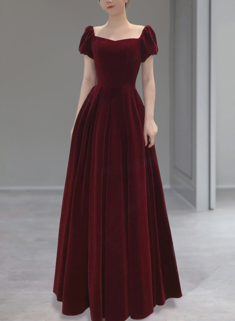 Wine Red Velvet Floor Length Wedding Party Dresses, Short Sleeves Formal Prom Dresses Main image