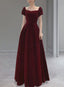 Wine Red Velvet Floor Length Wedding Party Dresses, Short Sleeves Formal Prom Dresses