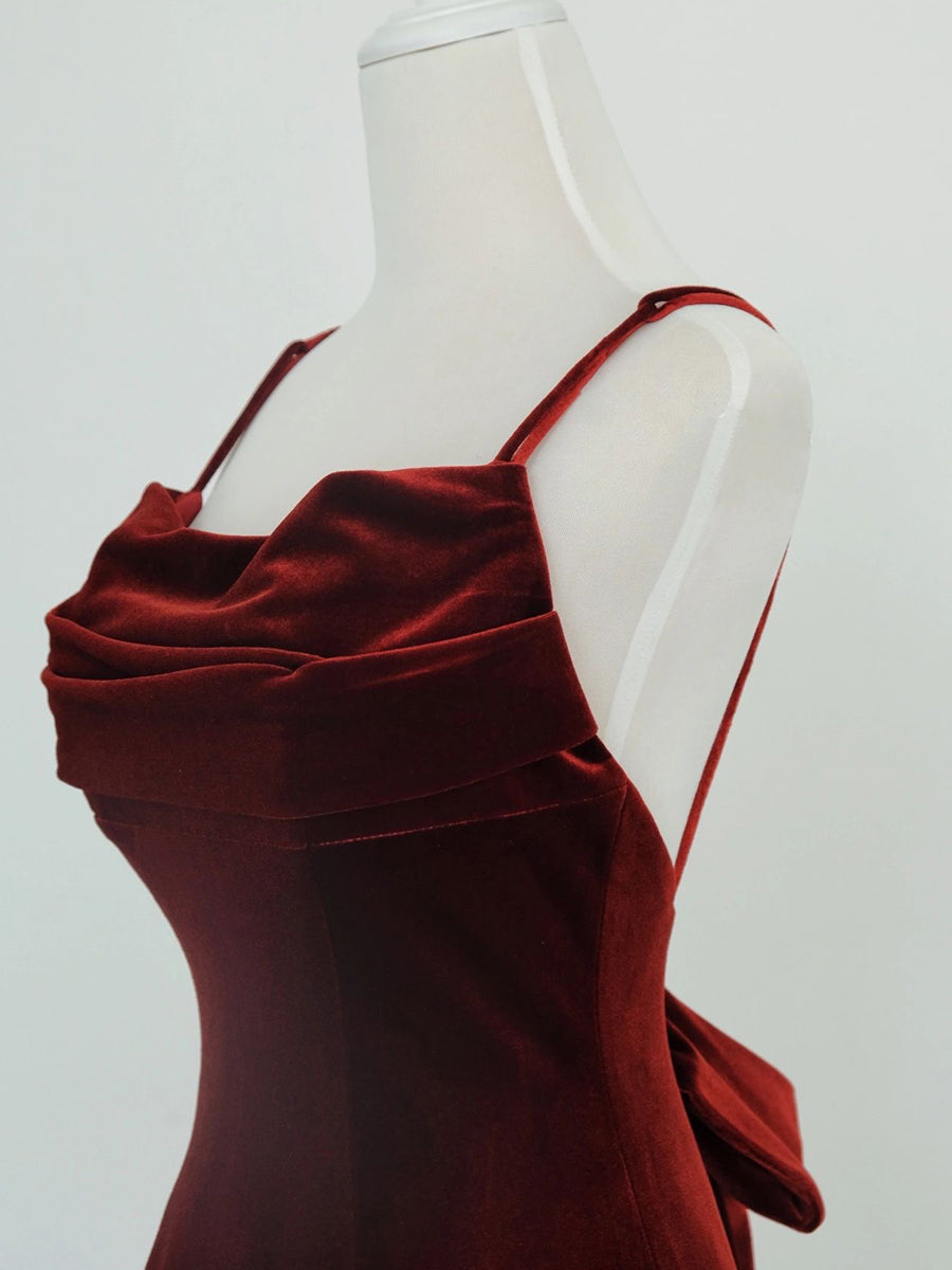 Wine Red Velvet Long Party Dresses, Mermaid Open Back Long Formal Prom Dresses
