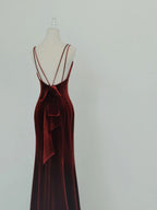Wine Red Velvet Long Party Dresses, Mermaid Open Back Long Formal Prom Dresses