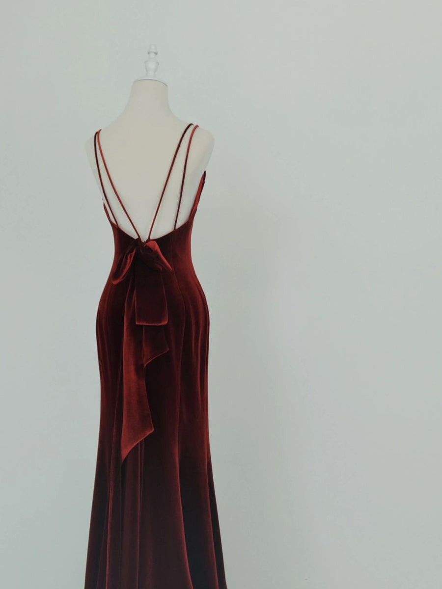 Wine Red Velvet Long Party Dresses, Mermaid Open Back Long Formal Prom Dresses