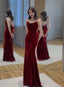 Wine Red Velvet Long Party Dresses, Mermaid Open Back Long Formal Prom Dresses