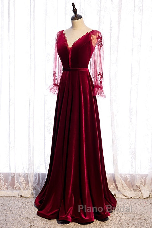 Wine Red Velvet Long Party Dresses Formal Prom Dresses, A-Line Long Sleeves Formal Dresses