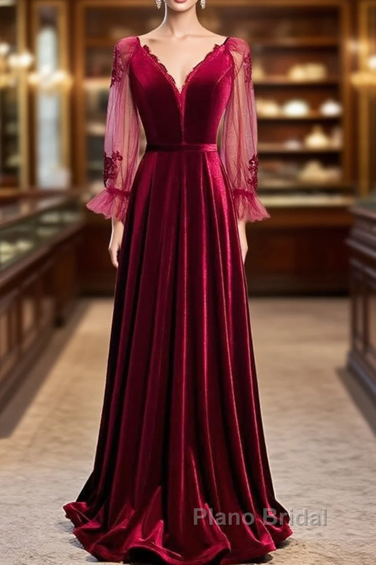 Wine Red Velvet Long Party Dresses Formal Prom Dresses, A-Line Long Sleeves Formal Dresses Main image