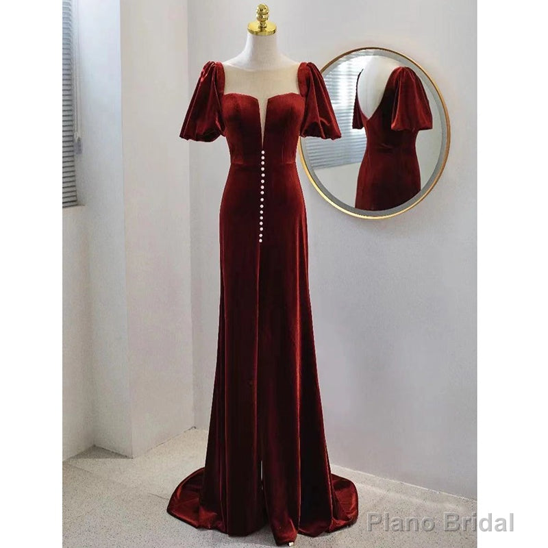 Wine Red Velvet Long Round Neckline Party Dress, Wine Red Prom Dresses Secondary image