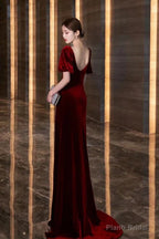 Wine Red Velvet Long Round Neckline Party Dress, Wine Red Prom Dresses