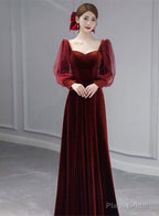 Wine Red Velvet Long Sleeves Floor Length Bridesmaid Dress, Wine Red Long Prom Dress