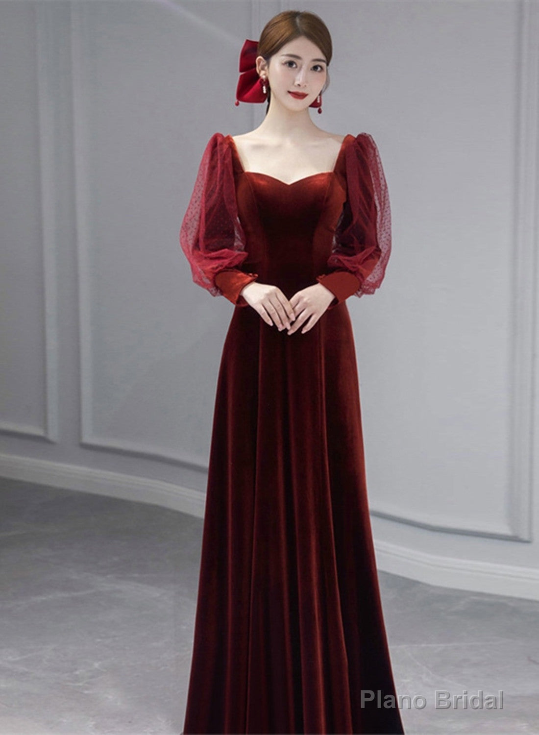 Wine Red Velvet Long Sleeves Floor Length Bridesmaid Dress, Wine Red Long Prom Dress