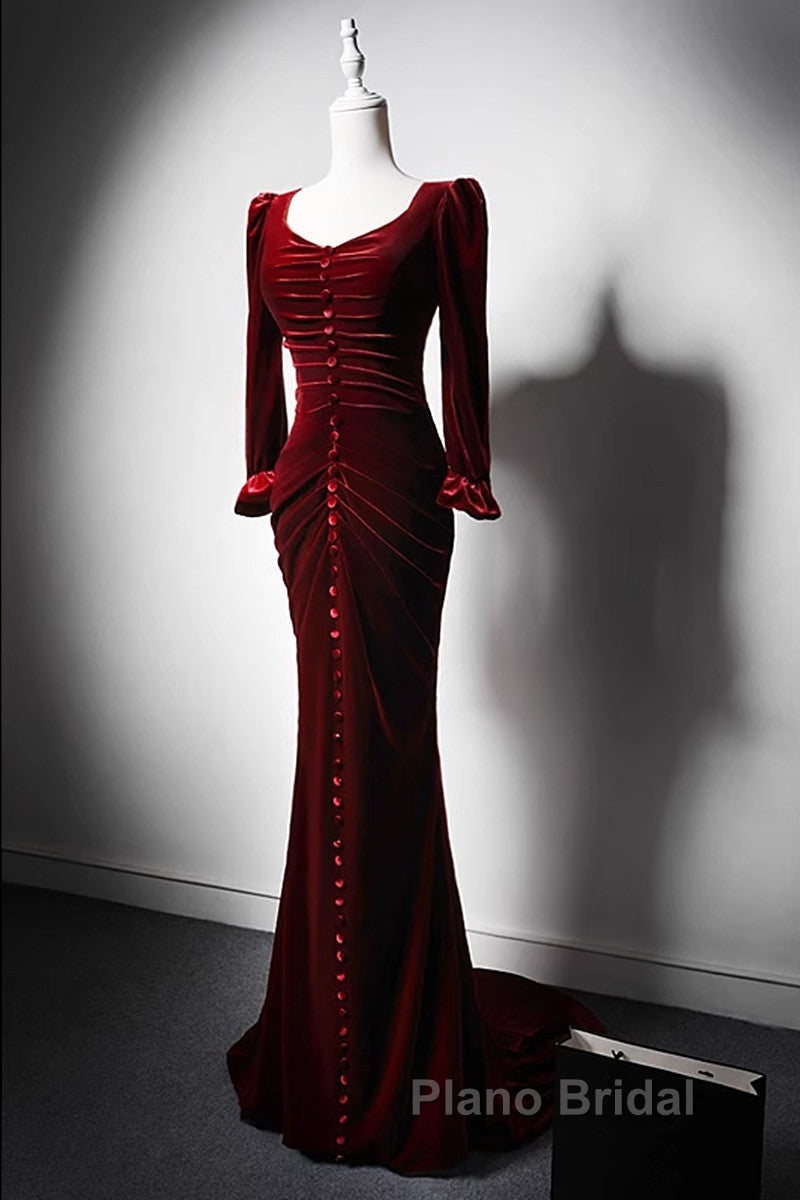 Wine Red Velvet Long Sleeves Mermaid Long Formal Prom Dresses, Wine Red Evening Dresses