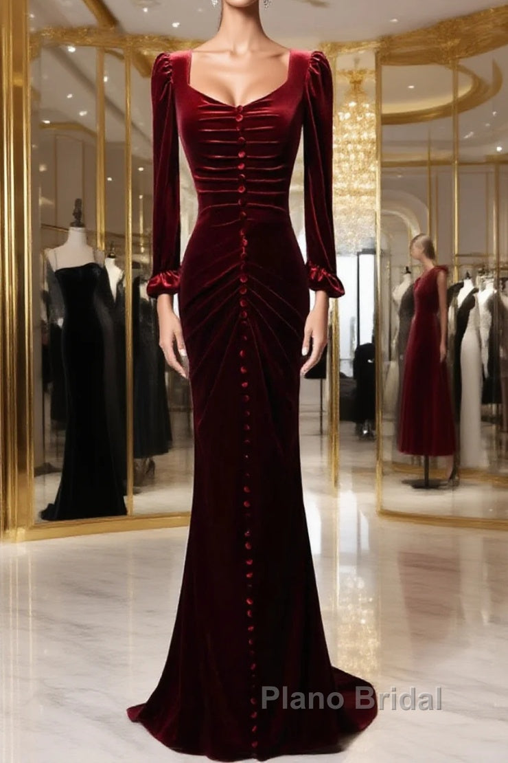 Wine Red Velvet Long Sleeves Mermaid Long Formal Prom Dresses, Wine Red Evening Dresses Main image