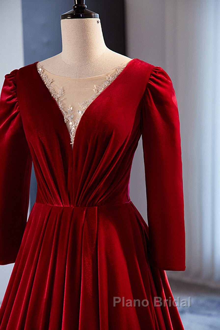 Wine Red Velvet Long Sleeves See Through Formal Prom Dresses, Wine Red Wedding Party Dresses