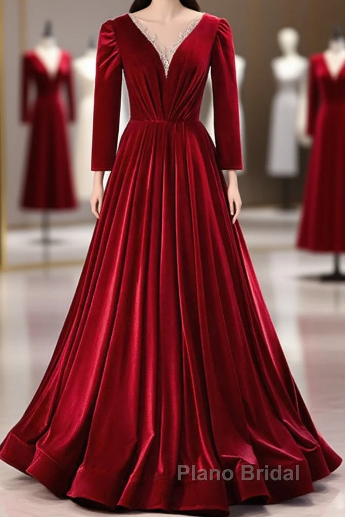 Wine Red Velvet Long Sleeves See Through Formal Prom Dresses, Wine Red Wedding Party Dresses Main image
