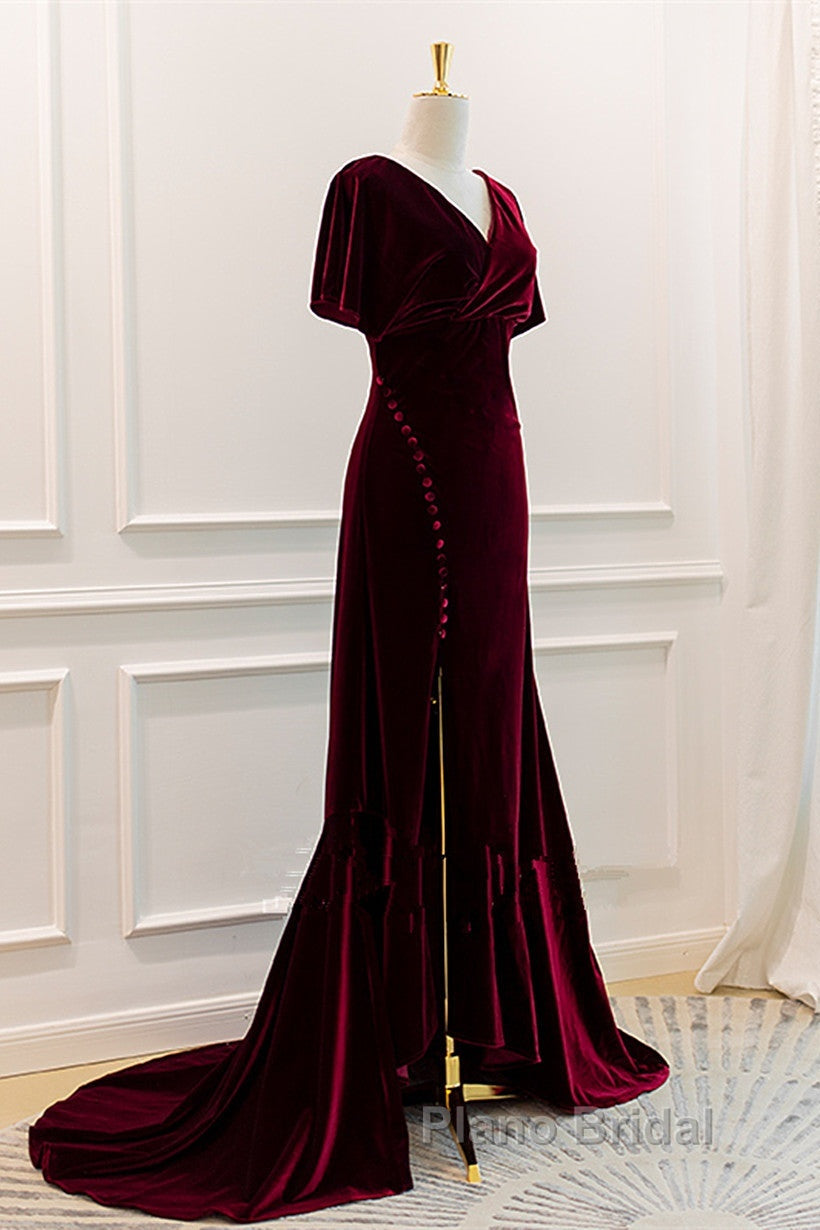 Wine Red Velvet Long Wedding Party Dresses With Leg Slit, Wine Red Formal Dresses Secondary image