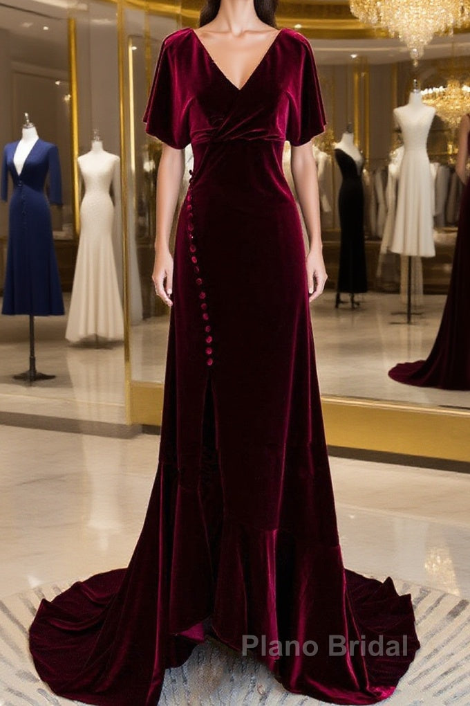 Wine Red Velvet Long Wedding Party Dresses With Leg Slit, Wine Red Formal Dresses Main image