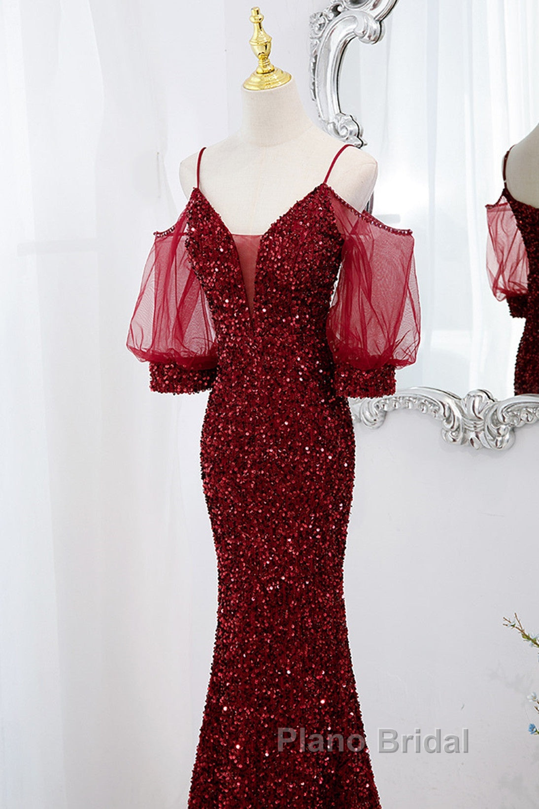 Wine Red Velvet Mermaid Long Party Dresses, Wine Red Vekvet Formal Prom Dresses Secondary image