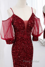 Wine Red Velvet Mermaid Long Party Dresses, Wine Red Vekvet Formal Prom Dresses