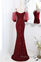 Wine Red Velvet Mermaid Long Party Dresses, Wine Red Vekvet Formal Prom Dresses