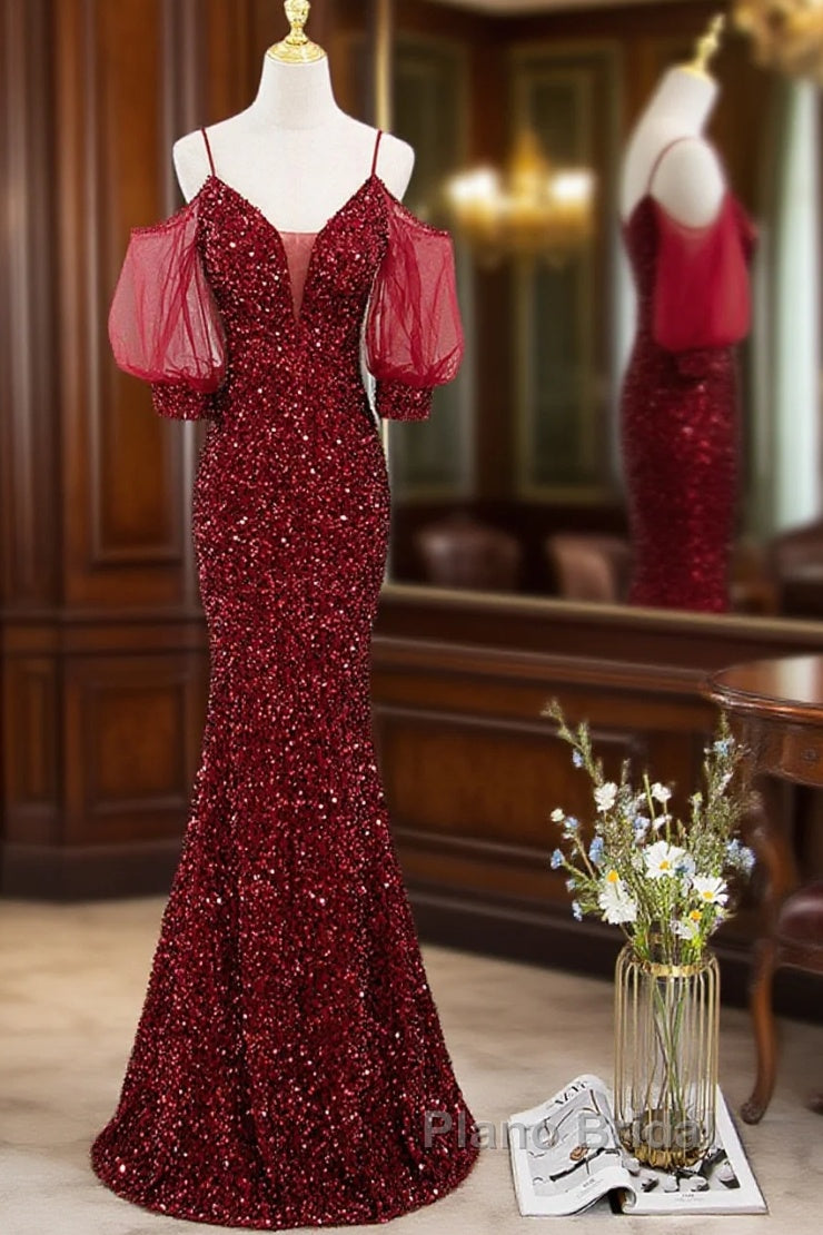 Wine Red Velvet Mermaid Long Party Dresses, Wine Red Vekvet Formal Prom Dresses Main image