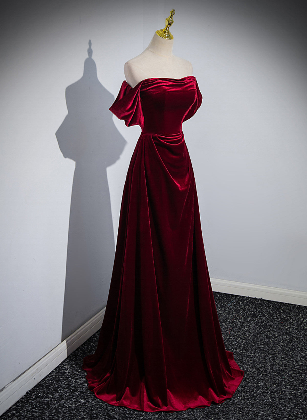 Wine Red Velvet Off Shoulder A-Line Long Party Dresses, Wine Red Floor Length Formal Prom Dresses Secondary image