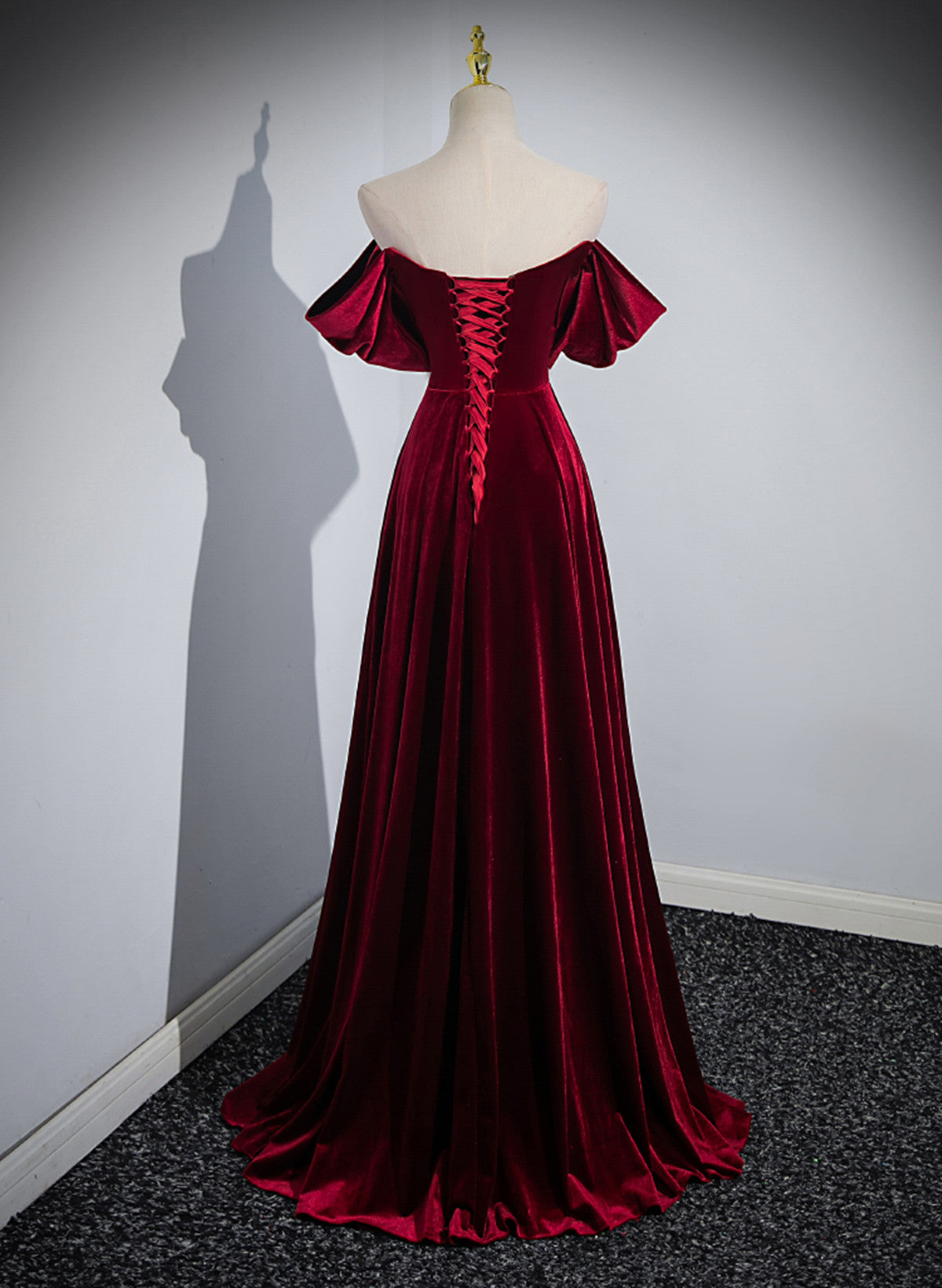 Wine Red Velvet Off Shoulder A-Line Long Party Dresses, Wine Red Floor Length Formal Prom Dresses