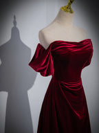 Wine Red Velvet Off Shoulder A-Line Long Party Dresses, Wine Red Floor Length Formal Prom Dresses