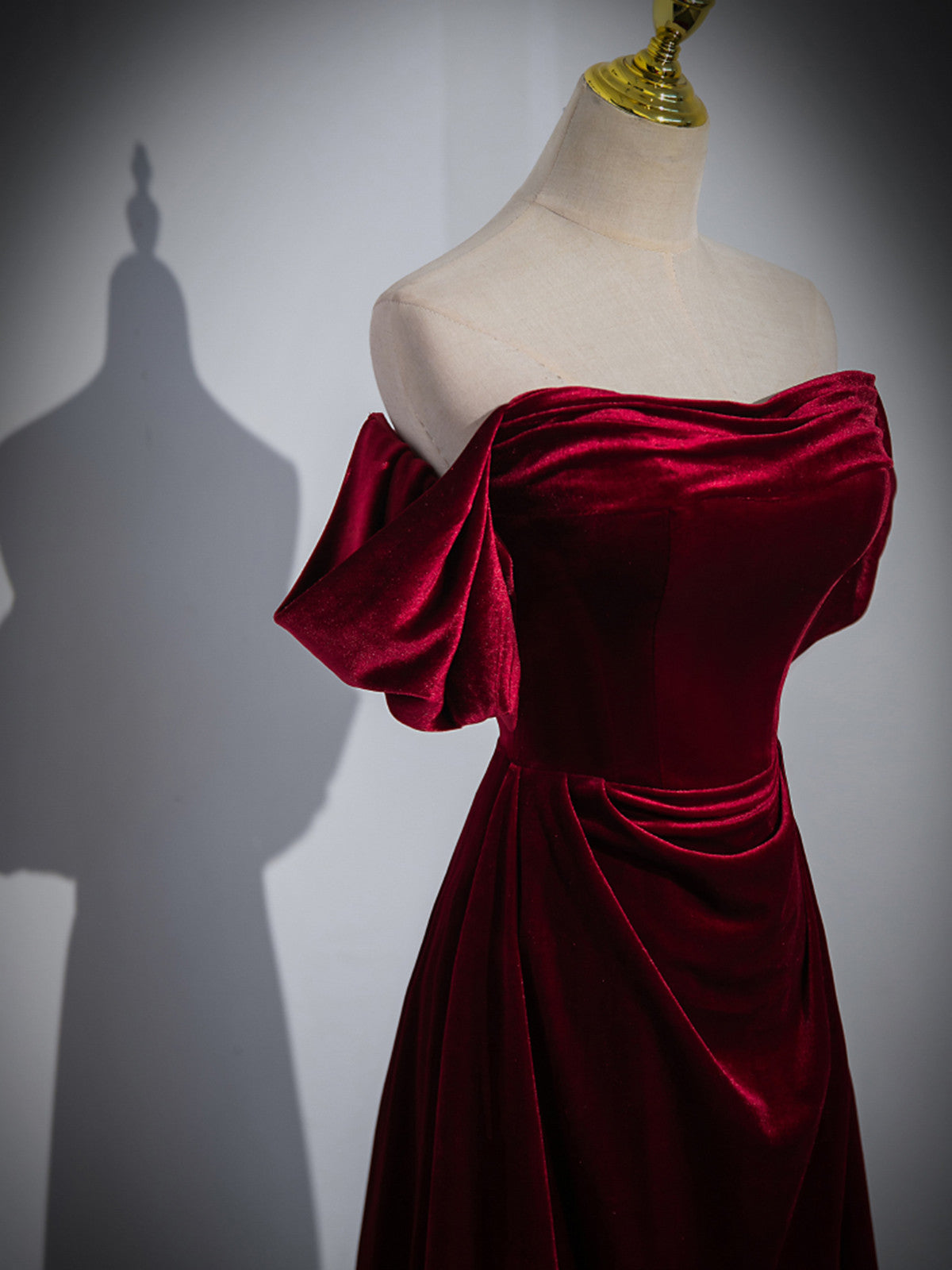 Wine Red Velvet Off Shoulder A-Line Long Party Dresses, Wine Red Floor Length Formal Prom Dresses
