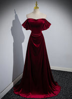 Wine Red Velvet Off Shoulder A-Line Long Party Dresses, Wine Red Floor Length Formal Prom Dresses