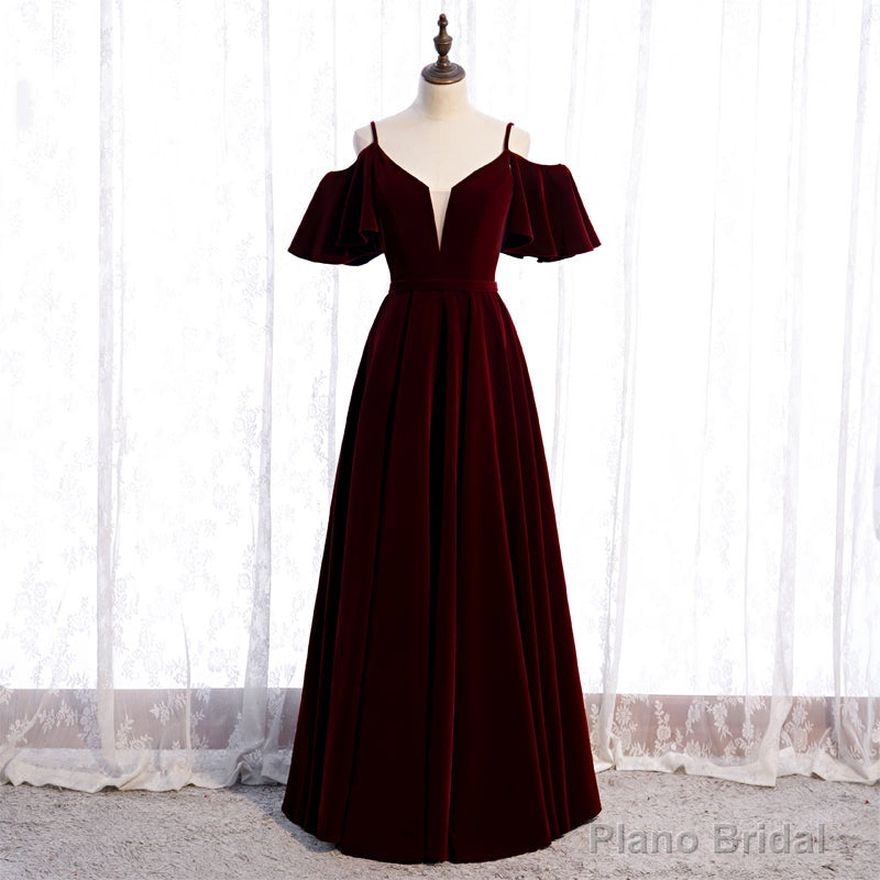 Wine Red Velvet Off Shoulder Floor Length Party Dress, Velvet Junior Prom Dress Main image