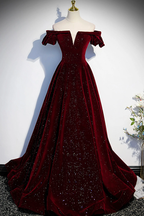 Wine Red Velvet Off Shoulder Long Formal Evening Gown, Wine Red Formal Prom Dresses