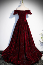 Wine Red Velvet Off Shoulder Long Formal Evening Gown, Wine Red Formal Prom Dresses