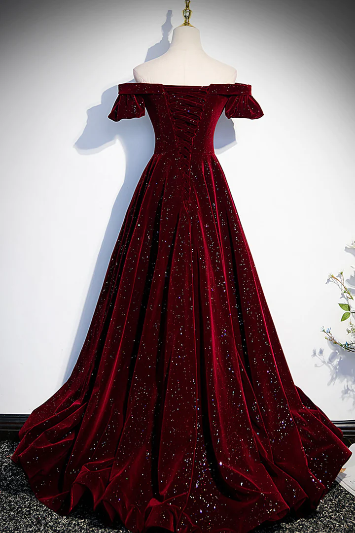 Wine Red Velvet Off Shoulder Long Formal Evening Gown, Wine Red Formal Prom Dresses