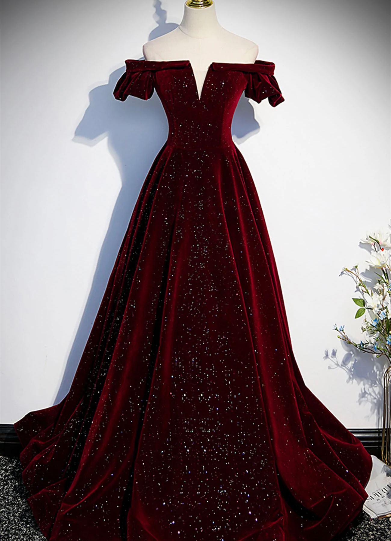 Wine Red Velvet Off Shoulder Long Formal Evening Gown, Wine Red Formal Prom Dresses Main image