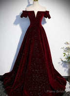Wine Red Velvet Off Shoulder Long Formal Evening Gown, Wine Red Prom Dresses