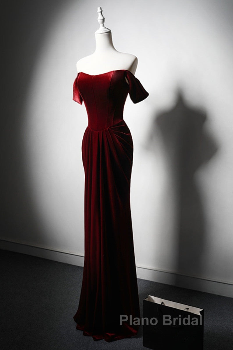 Wine Red Velvet Off Shoulder Long Mermaid Formal Prom Dresses, Wine Red Velvet Eveing Dresses