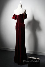 Wine Red Velvet Off Shoulder Long Mermaid Formal Prom Dresses, Wine Red Velvet Eveing Dresses
