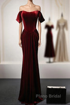 Wine Red Velvet Off Shoulder Long Mermaid Formal Prom Dresses, Wine Red Velvet Eveing Dresses