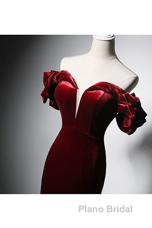 Wine Red Velvet Off Shoulder Mermaid Long Formal Prom Dresses, Long Lace-Up Evening Dresses Secondary image