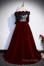 Wine Red Velvet Off Shoulder Party Dresses With Bow, Wine Red Velvet Long Formal Prom Dresses