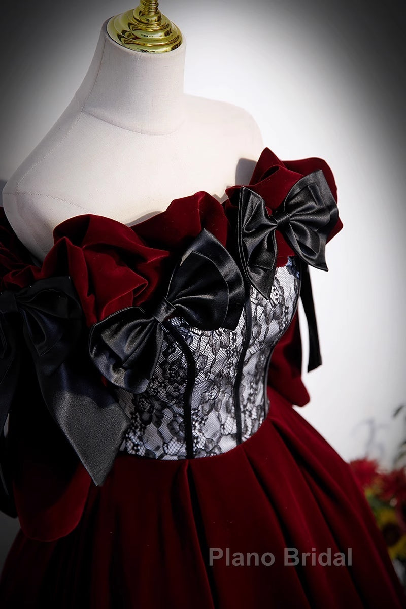 Wine Red Velvet Off Shoulder Party Dresses With Bow, Wine Red Velvet Long Formal Prom Dresses